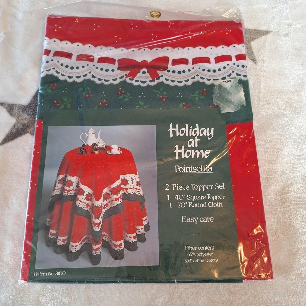 Holiday at Home Poinsettia 2-Piece Topper Set 70" Round Cloth 40" Square Topper